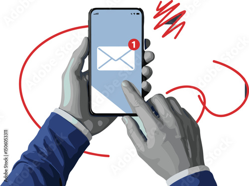 Black and white hands holding a phone with an unread message. Modern collage style. 