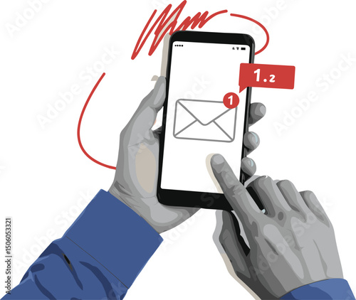 Black and white hands holding a phone with an unread message. Modern collage style. 