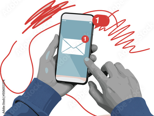 Black and white hands holding a phone with an unread message. Modern collage style. 