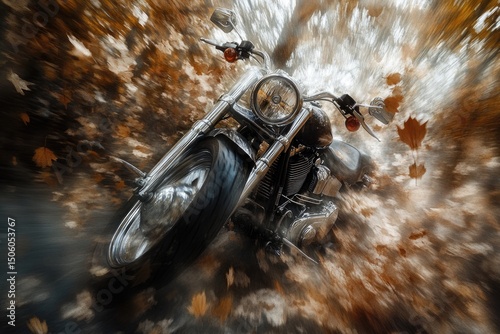 A vintage motorcycle is dynamically depicted amidst swirling autumn leaves, evoking speed, freedom, and the spirit of the open road.