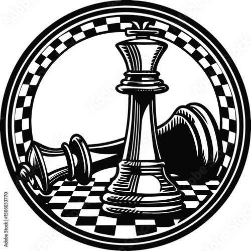 Black and white chess pieces icon symbol representing justice law and balance with tower and scales design