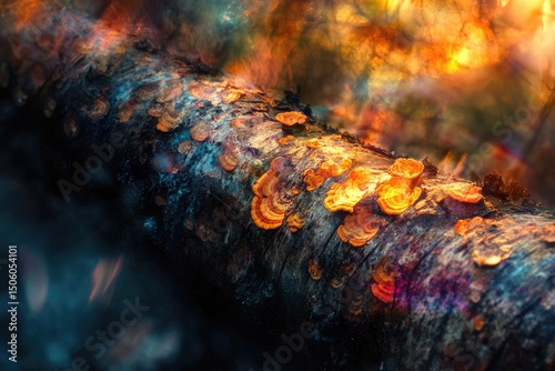 A decaying tree branch hosts vibrant orange shelf fungi, creating a surreal and artistic woodland scene, highlighted by soft light.