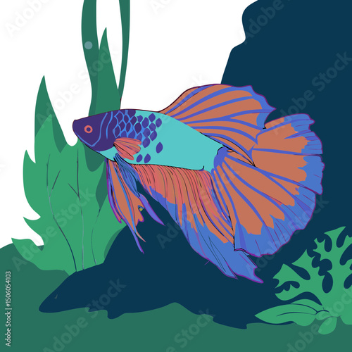 Realistic full-body illustration of a colorful Betta fish, perfect for aquarium-themed designs, pet artwork, or aquatic décor projects.