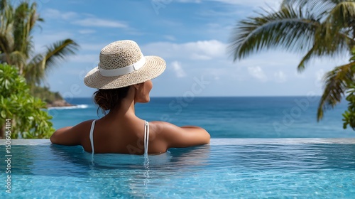 Woman in hat relaxing in infinity pool overlooking the ocean on a sunny day at a tropical resort