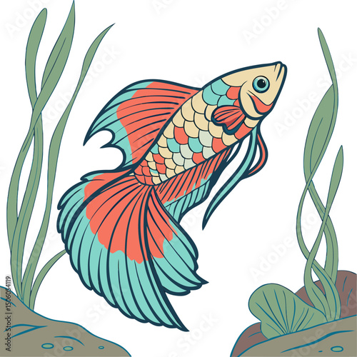 Realistic full-body illustration of a colorful Betta fish, perfect for aquarium-themed designs, pet artwork, or aquatic décor projects.