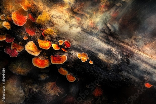 A weathered log hosts vibrant, orange-rimmed fungi, creating a captivating interplay of life and decay in a dark forest landscape.