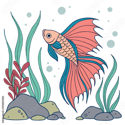 Realistic full-body illustration of a colorful Betta fish, perfect for aquarium-themed designs, pet artwork, or aquatic décor projects.