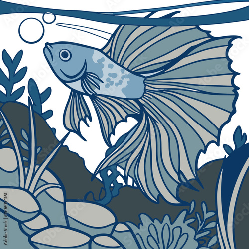 Realistic full-body illustration of a colorful Betta fish, perfect for aquarium-themed designs, pet artwork, or aquatic décor projects.
