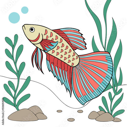 Realistic full-body illustration of a colorful Betta fish, perfect for aquarium-themed designs, pet artwork, or aquatic décor projects.