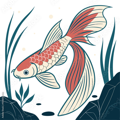 Realistic full-body illustration of a colorful Betta fish, perfect for aquarium-themed designs, pet artwork, or aquatic décor projects.