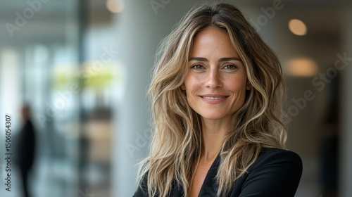 Smiling woman wearing a jacket stands indoors with blurred background