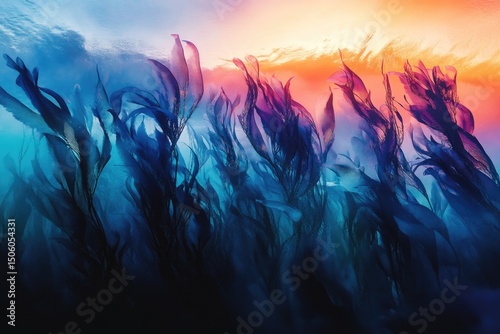 An abstract underwater scene with kelp-like plants under a colorful gradient sky, creating a mysterious depth.