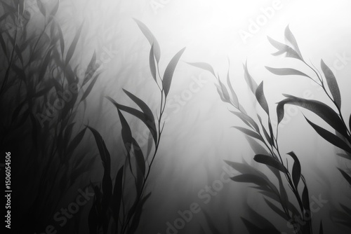 Monochromatic botanical illustration features silhouetted leaves and stems against a light background, creating an ethereal and tranquil scene.