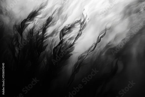 Monochromatic image of kelp forest with ethereal, hazy light creating a surreal, underwater atmosphere and showcasing the beauty of marine ecosystems.