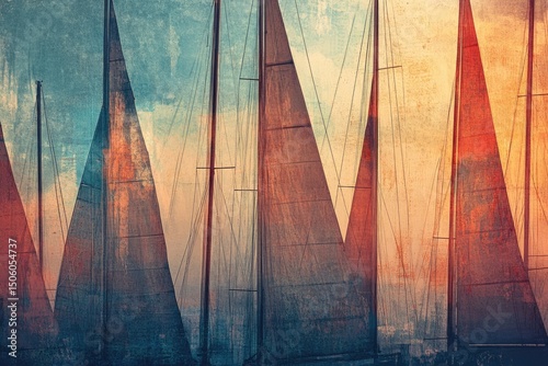 Abstract textured view of sailboats with colorful sails against a blue sky, creating a serene, artistic maritime scene.