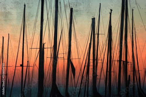 A textured image shows a forest of silhouetted sailboat masts and rigging against a blended sunset sky of orange, yellow, and aqua.