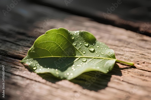 Image of Close-up of water drops on leaf against whood