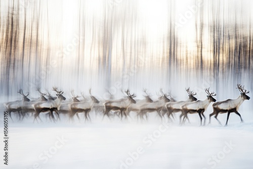 A herd of reindeer moves swiftly across a snow-covered landscape, the blurred background suggesting speed and a journey through winter.