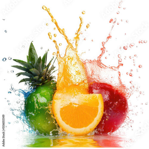 Colorful Fruit Explosion with Pineapple Orange and Apple Splashing on Transparent Background