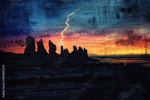 Silhouette rocks meet a striking sunset with a dramatic lightning strike over a textured wooden background adding depth.