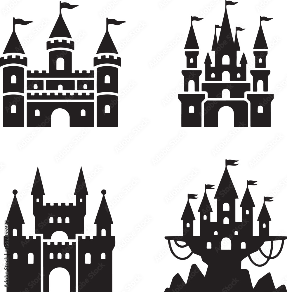 Obraz premium Fantasy Magic Castle silhouette set vector isolated On Transparent Background