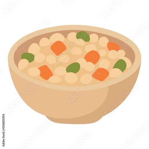 Cartoon bowl with chickpeas, carrots and green vegetables, flat healthy food illustration.