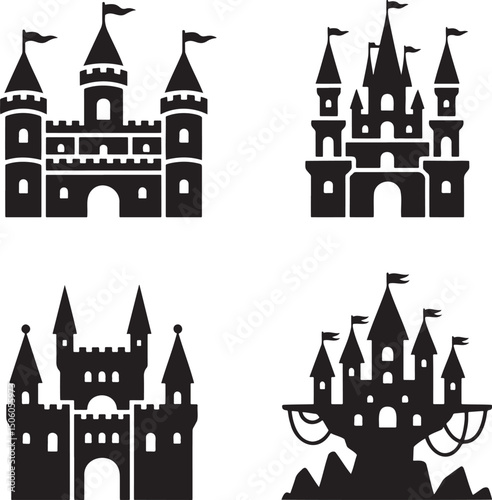 Fantasy Magic Castle silhouette set vector  isolated On Transparent Background