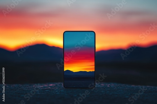 Smartphone displaying a vibrant sunset over mountains, set against a real sunset with a blurry background; A double sunset.