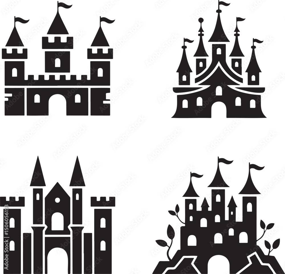 Fototapeta premium Fantasy Magic Castle silhouette set vector isolated On Transparent Background