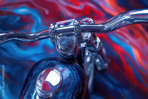 A shiny motorcycle handlebar close-up reflects a vibrant, abstract background of swirling red, blue and orange colors. Sleek, modern, and cool.