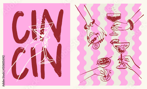 Cin Cin cheers print, Whimsical Hand-drawn cocktail poster, Feminine women hands holding fancy cocktails, Wavy background pattern, Maximalist Bar chart print