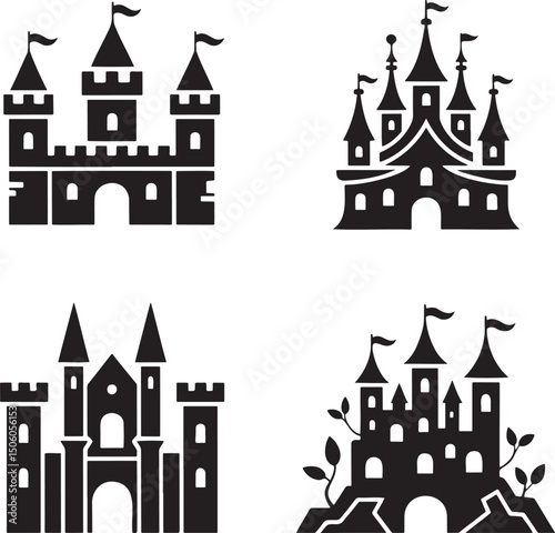 Fantasy Magic Castle silhouette set vector  isolated On Transparent Background