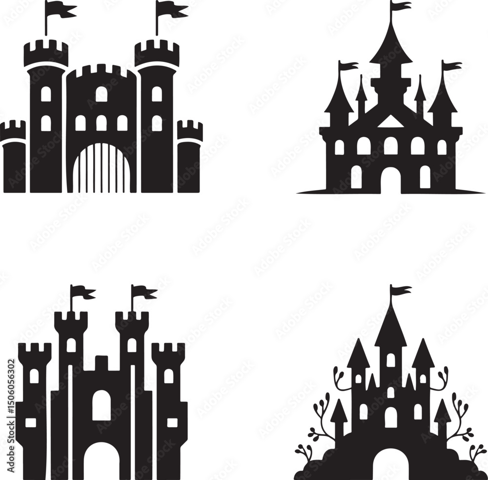 Fototapeta premium Fantasy Magic Castle silhouette set vector isolated On Transparent Background