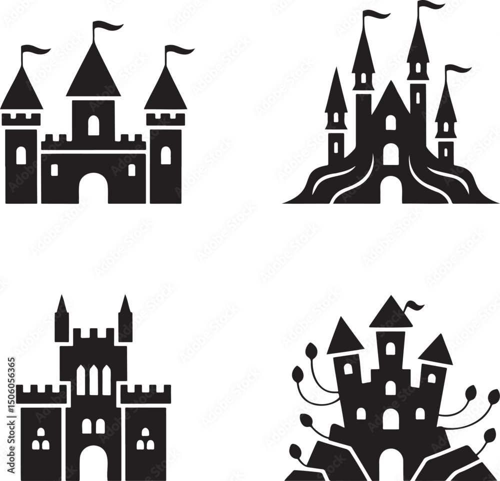 Obraz premium Fantasy Magic Castle silhouette set vector isolated On Transparent Background