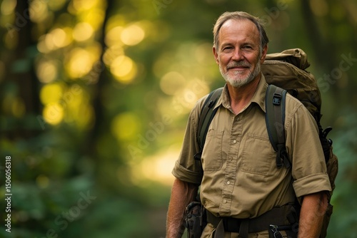 A smiling senior man is hiking in the forest with a large backpack on his back.