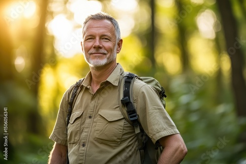 A mature man with a backpack smiles while hiking in a sunlit forest, enjoying nature's beauty and tranquility.