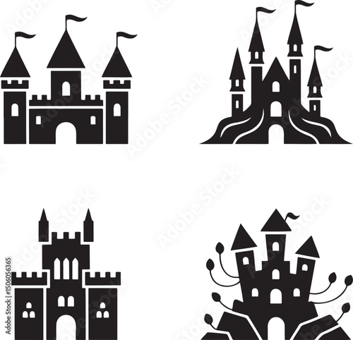 Fantasy Magic Castle silhouette set vector  isolated On Transparent Background