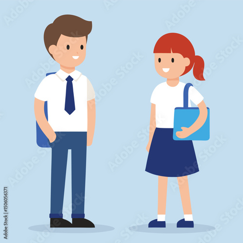 Two Smiling Students in School Uniforms Standing Side by Side on a Light Blue Background Flat Vector Illustration Style