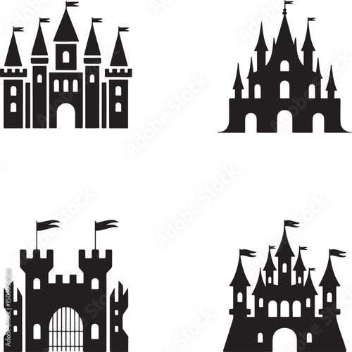 Fantasy Magic Castle silhouette set vector  isolated On Transparent Background
