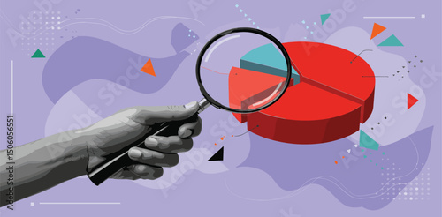 Man looking at round diagram through a magnifying glass. Modern collage style. 