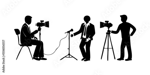 Man with a film camera filming a television reporter interviewing a man isolated on white background.News Broadcast: Cameraman, Interviewer, and Audience