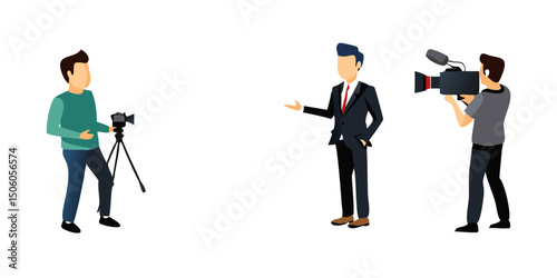 Man with a film camera filming a television reporter interviewing a man isolated on white background.News Broadcast: Cameraman, Interviewer, and Audience