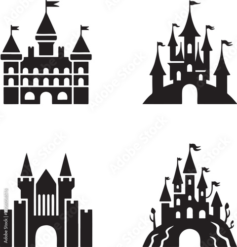 Fantasy Magic Castle silhouette set vector  isolated On Transparent Background