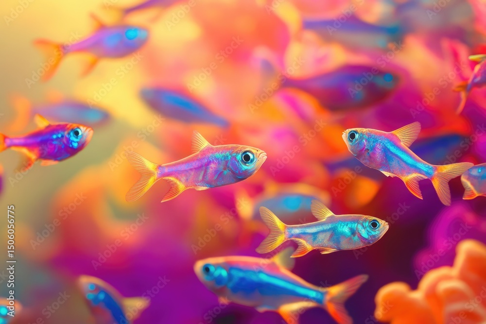 Fototapeta premium A vibrant swarm of small, rainbow-colored tetras swims amidst a blur of coral in a warm, tropical reef environment.