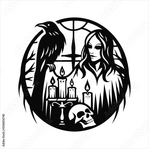 Gothic witch with raven  candles  and skull  black