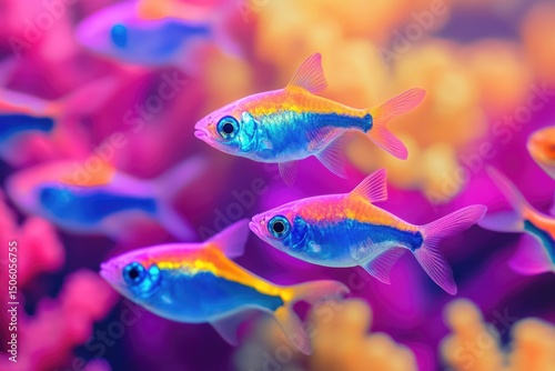 A vibrant shoal of GloFish tetras swims gracefully amidst a colorful coral reef with vivid pink and orange hues.