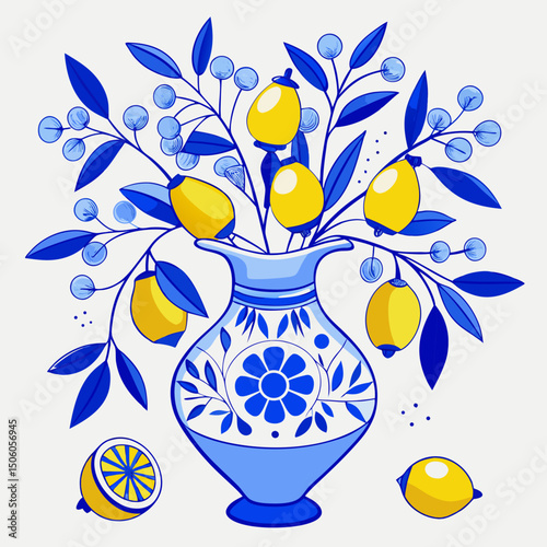Blue and Yellow Lemons in a Decorative Porcelain Vase