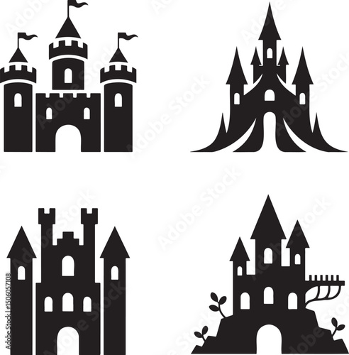 Fantasy Magic Castle silhouette set vector  isolated On Transparent Background
