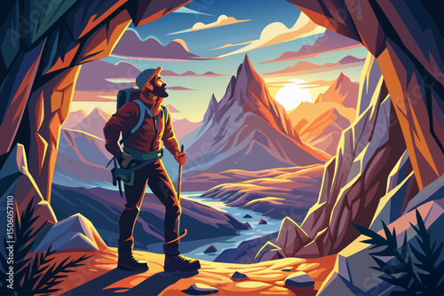 vector of Adventurer man climber standing in a cave with rocky mountains in the background. Sunset