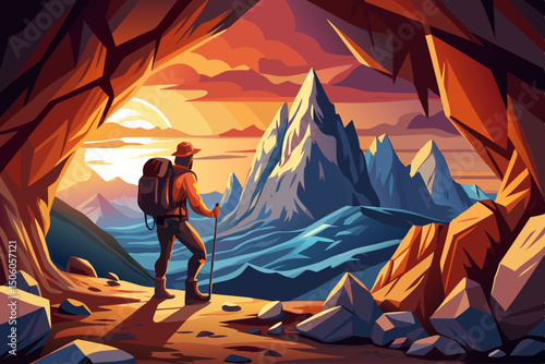 vector of Adventurer man climber standing in a cave with rocky mountains in the background. Sunset